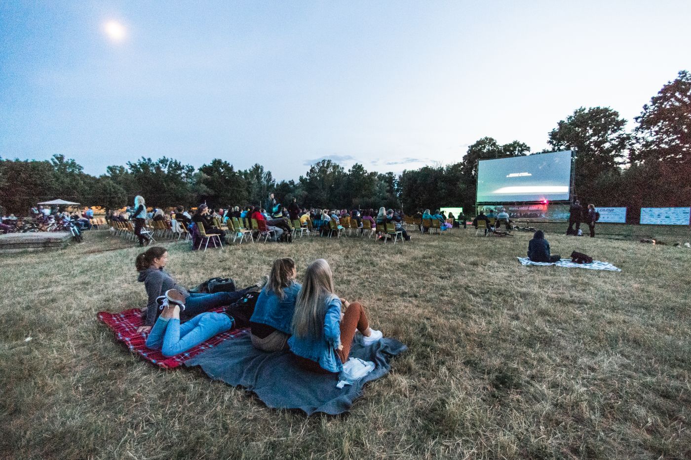 Séance de cinéma en plein air au crépuscule